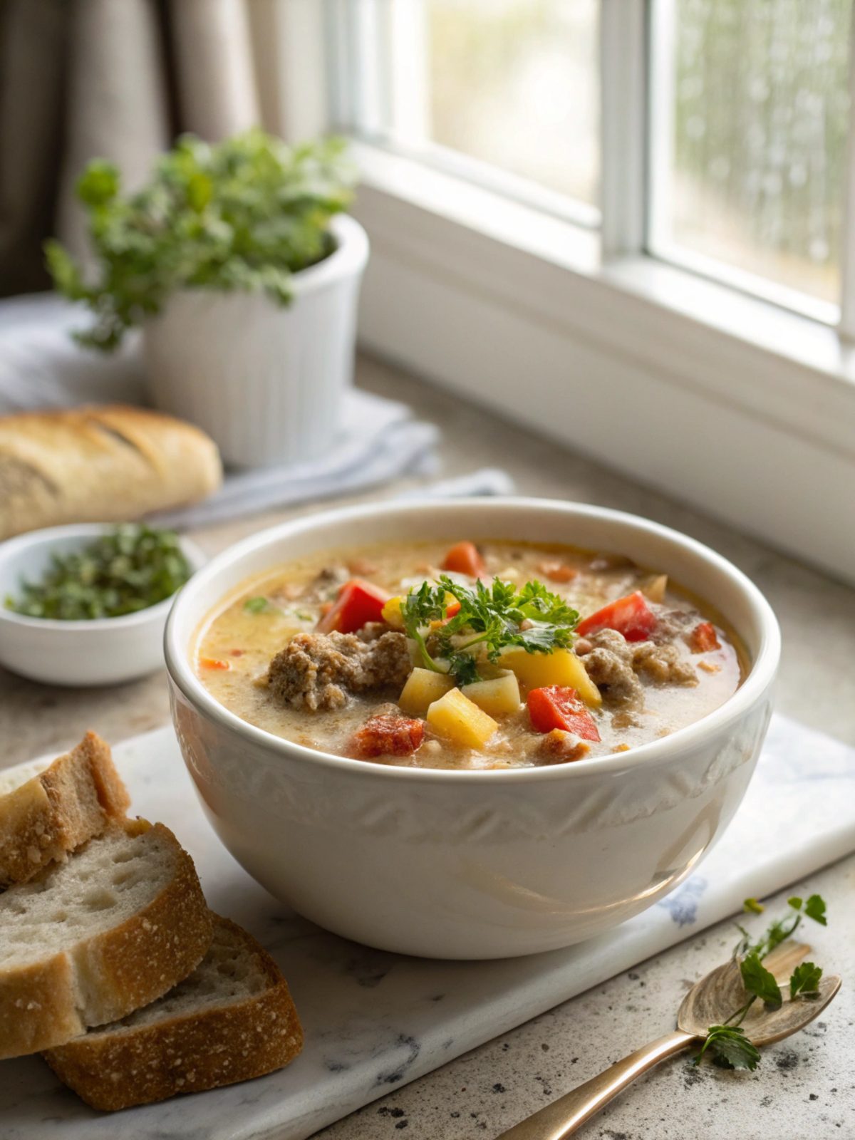 A beautiful bowl of Crockpot Cheeseburger Soup, garnished and ready to serve
