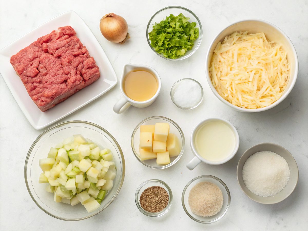 A visual array of ingredients needed for crockpot cheeseburger soup recipe.