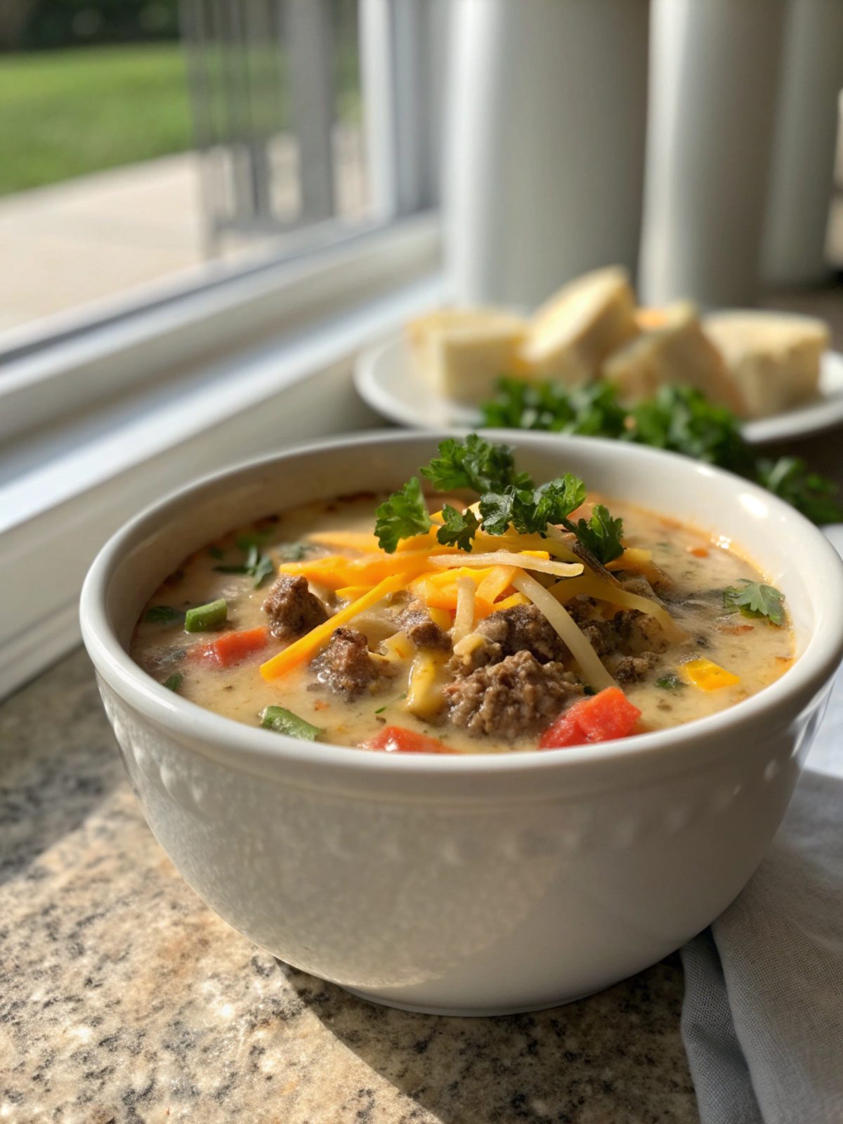 A close-up of crockpot cheeseburger soup in a white bowl, garnished with parsley.