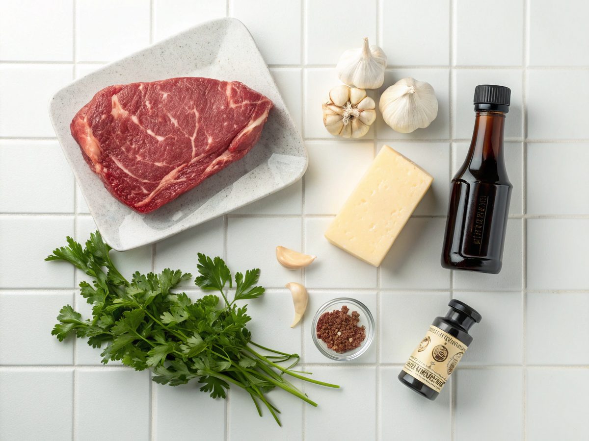 Ingredients for Crockpot Garlic Butter Beef Bites visually displayed.