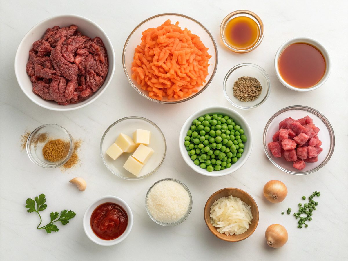 Overhead view of crockpot shepherd's pie recipe ingredients.