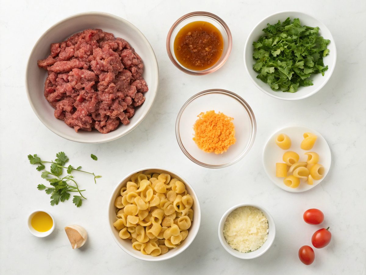 Visual display of Crockpot Taco Pasta ingredients, including beef and pasta