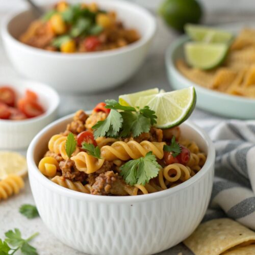 A delicious bowl of Crockpot Taco Pasta ready to be enjoyed.
