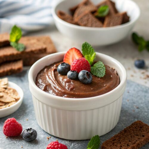 A tempting image of the perfect chocolate mousse topped with fresh berries