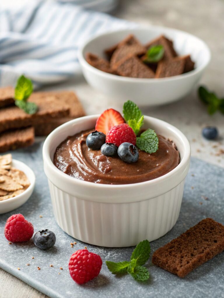 A tempting image of the perfect chocolate mousse topped with fresh berries