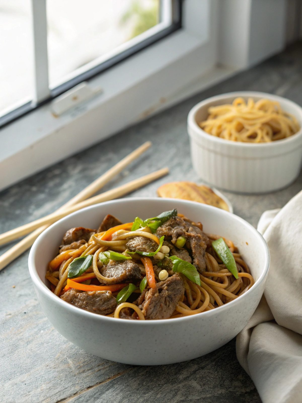 Final serving of Delectable Beef Lo Mein Recipe in a white bowl.