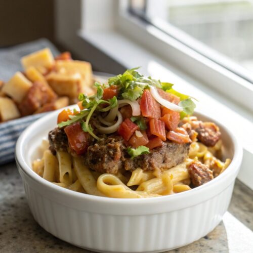 Close-up view of delicious Bacon Cheeseburger Pasta, perfectly garnished