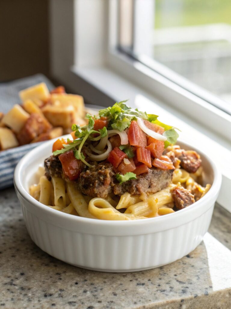 Close-up view of delicious Bacon Cheeseburger Pasta, perfectly garnished