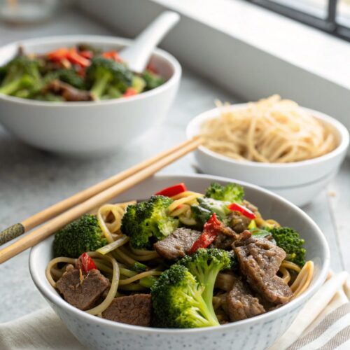 A beautifully presented dish of beef and broccoli stir fry