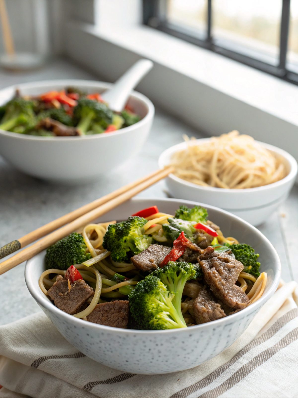 A beautifully presented dish of beef and broccoli stir fry