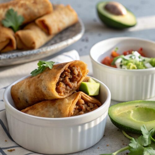 Image of golden-brown beef and cheese chimichangas served fresh.