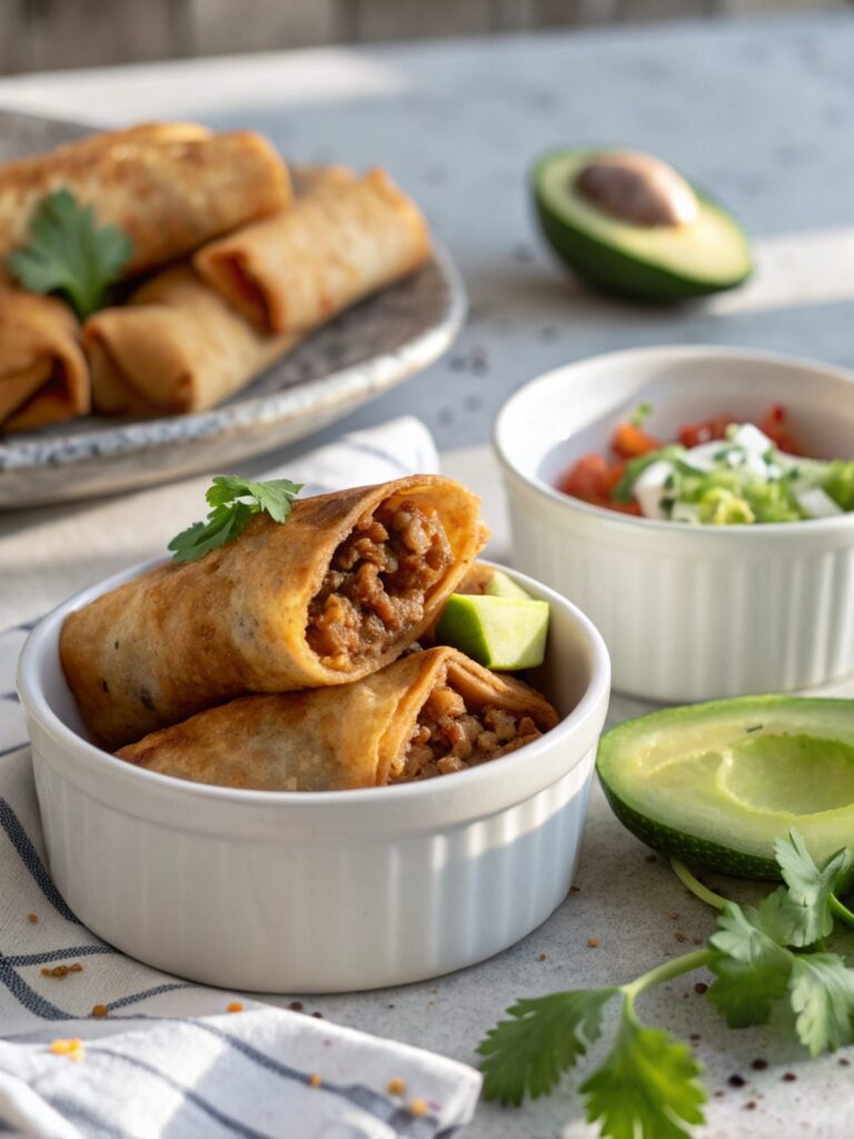 Image of golden-brown beef and cheese chimichangas served fresh.