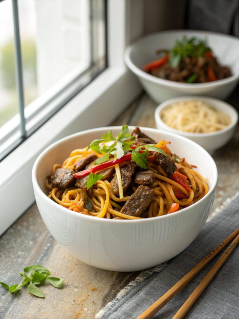 Rich and savory beef lo mein, served hot from the skillet