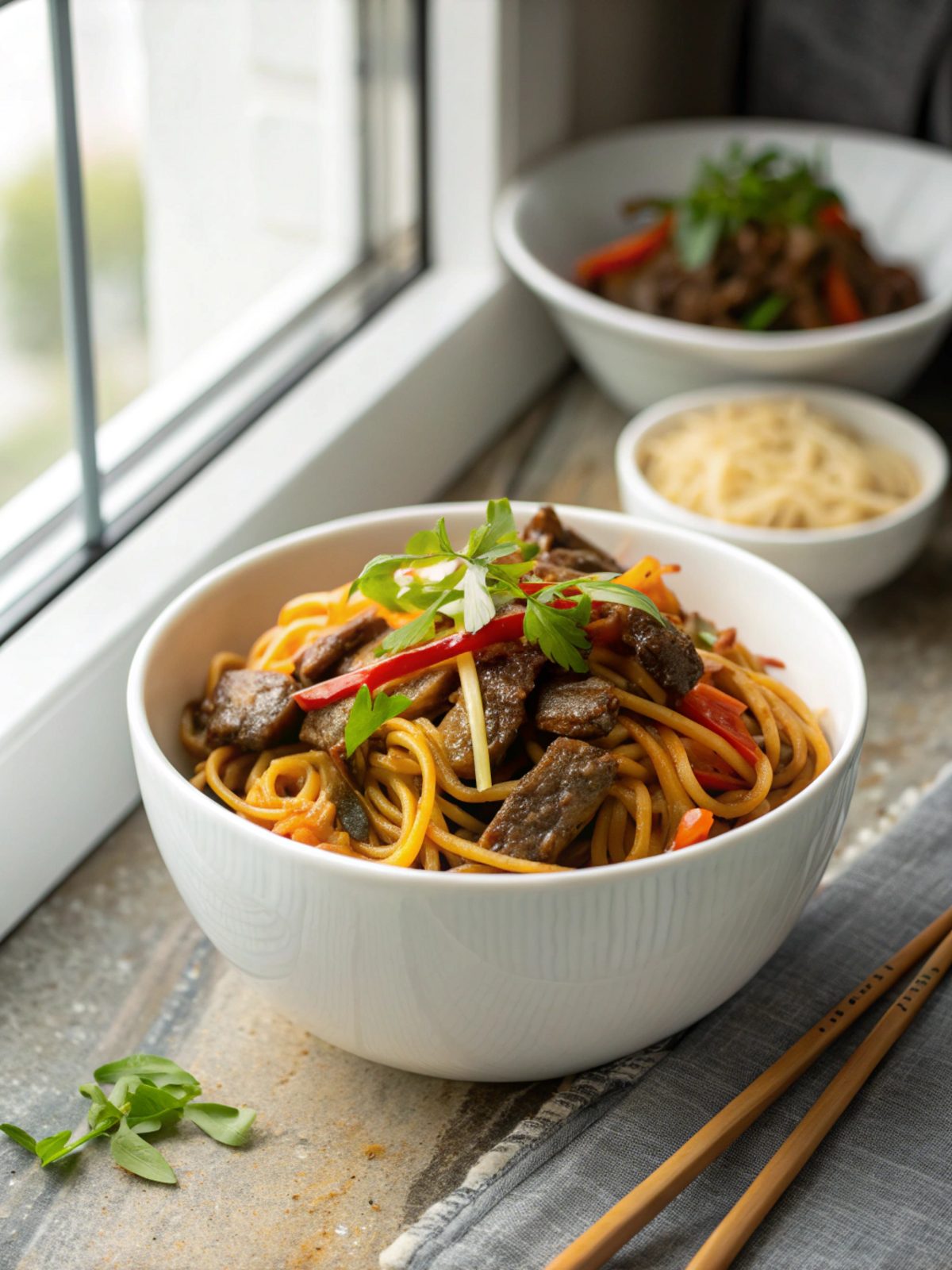 Rich and savory beef lo mein, served hot from the skillet