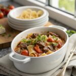 Deliciously baked Beef Lombardi Casserole, served hot.