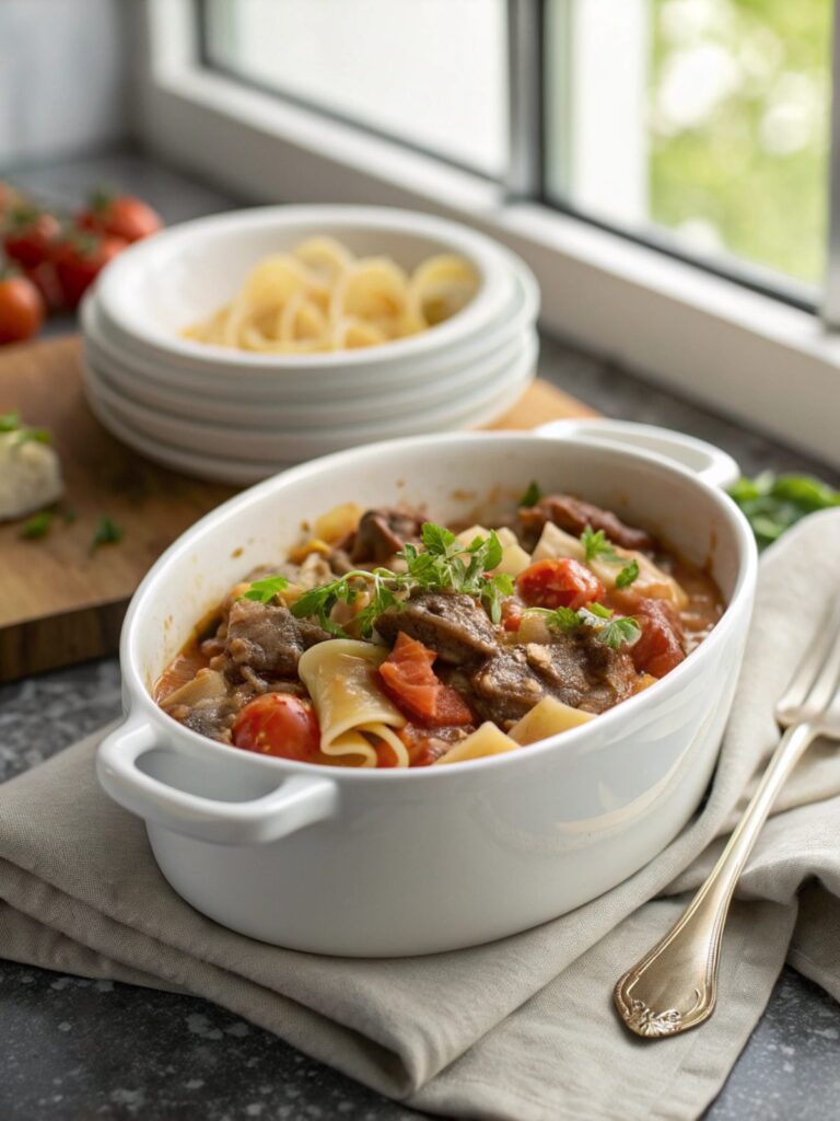Deliciously baked Beef Lombardi Casserole, served hot.