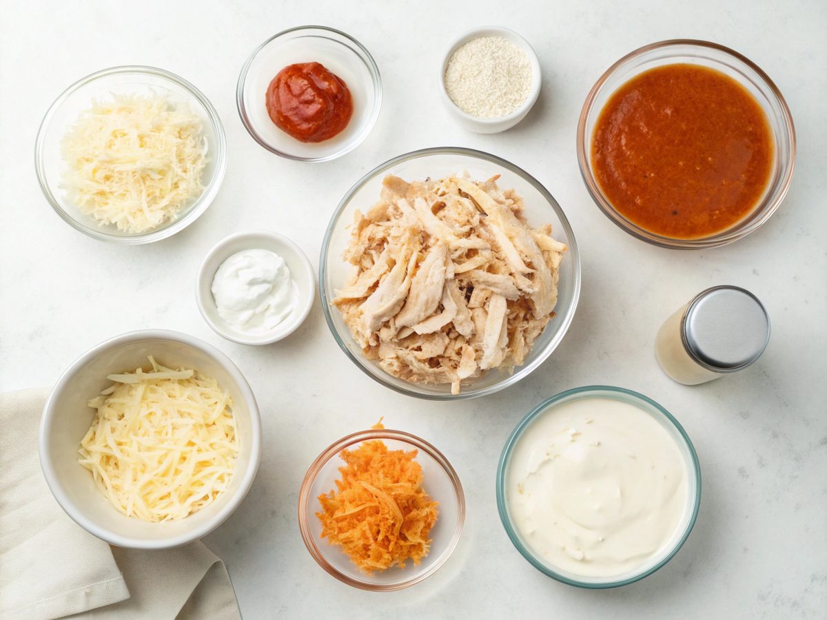 An array of Buffalo Chicken Dip Crock Pot ingredients