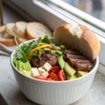 Tasty and healthy burger bowl recipe, served in a presentation bowl
