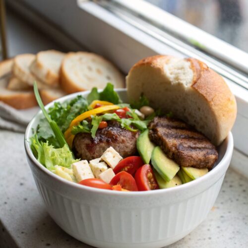 Tasty and healthy burger bowl recipe, served in a presentation bowl