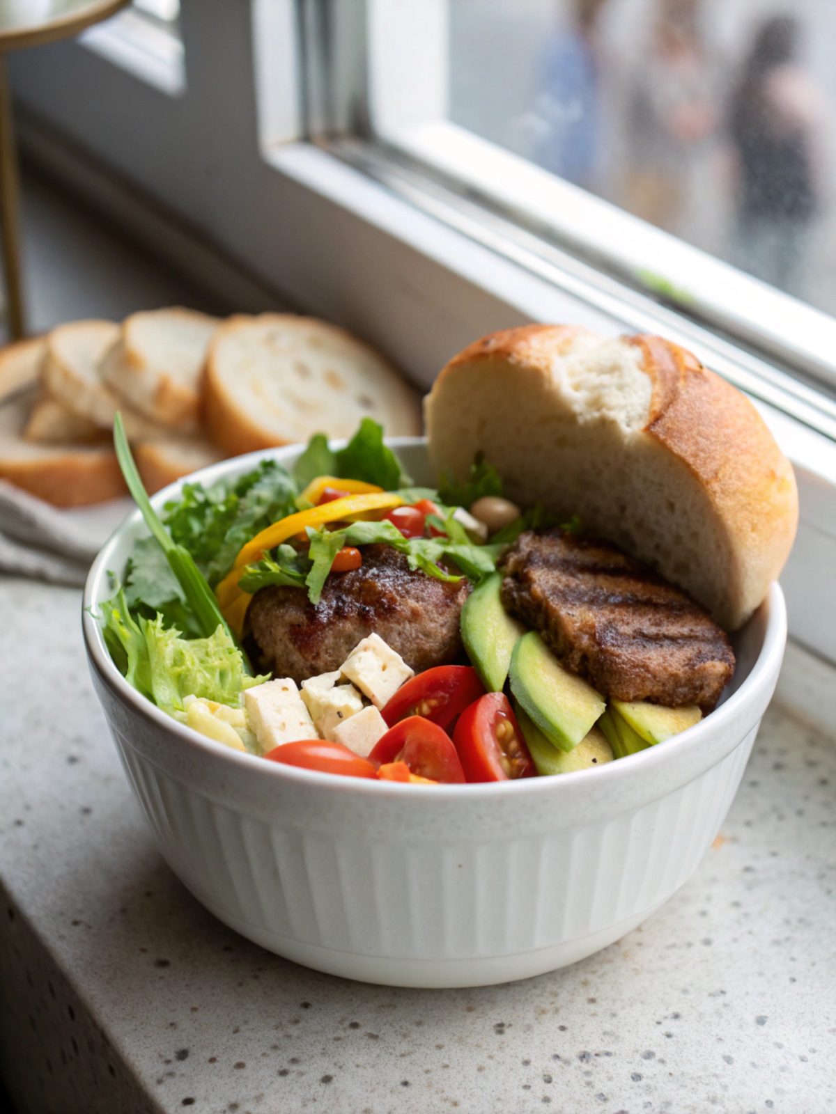 Tasty and healthy burger bowl recipe, served in a presentation bowl