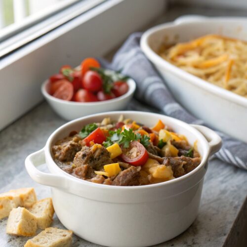 A beautifully plated cattle drive casserole with a golden top.