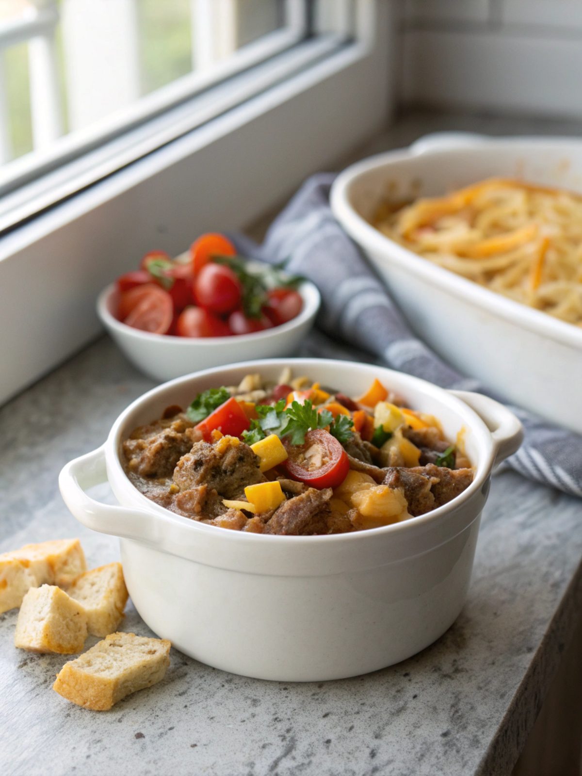 A beautifully plated cattle drive casserole with a golden top.