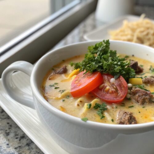 A close-up photo of cheeseburger soup recipe in a white bowl