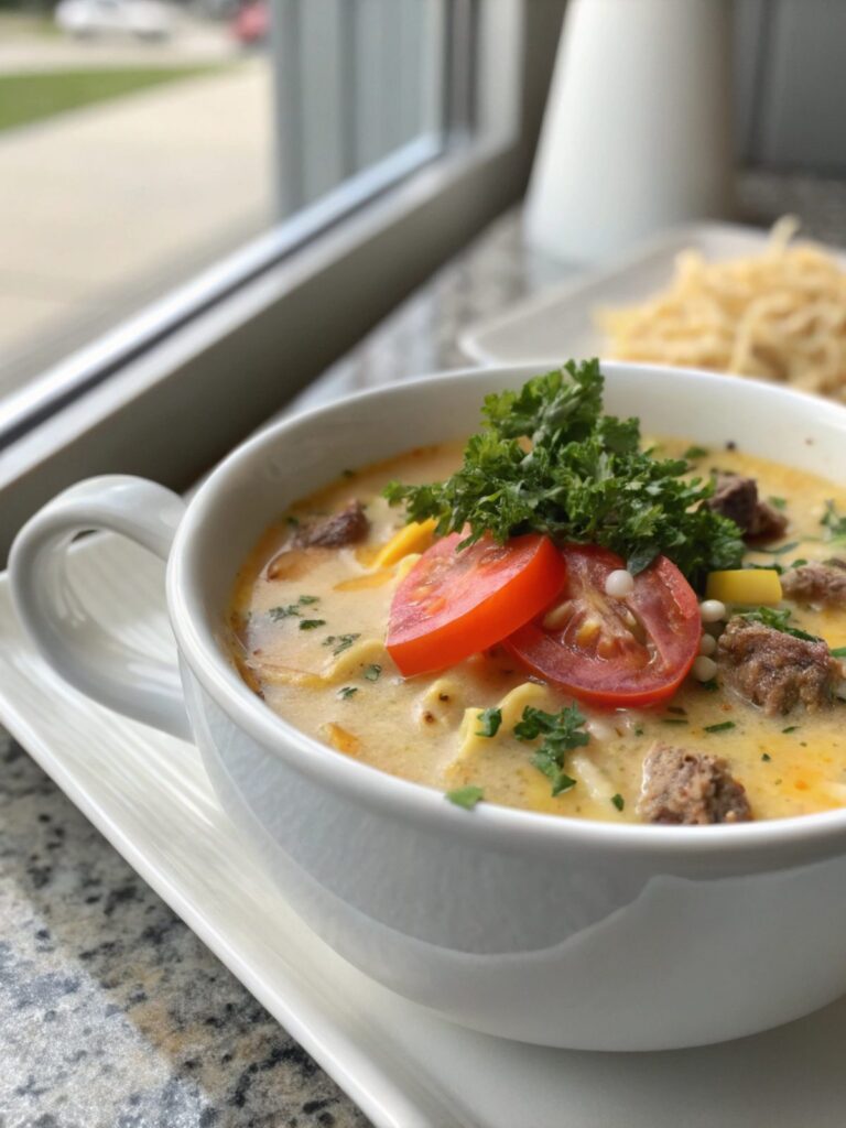 A close-up photo of cheeseburger soup recipe in a white bowl