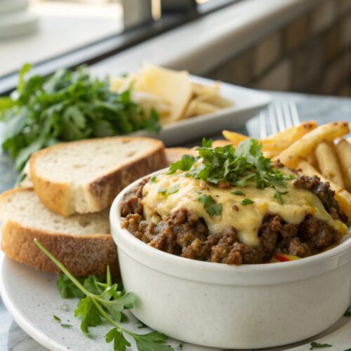 A beautifully plated cheesy ground beef melt, ready to eat