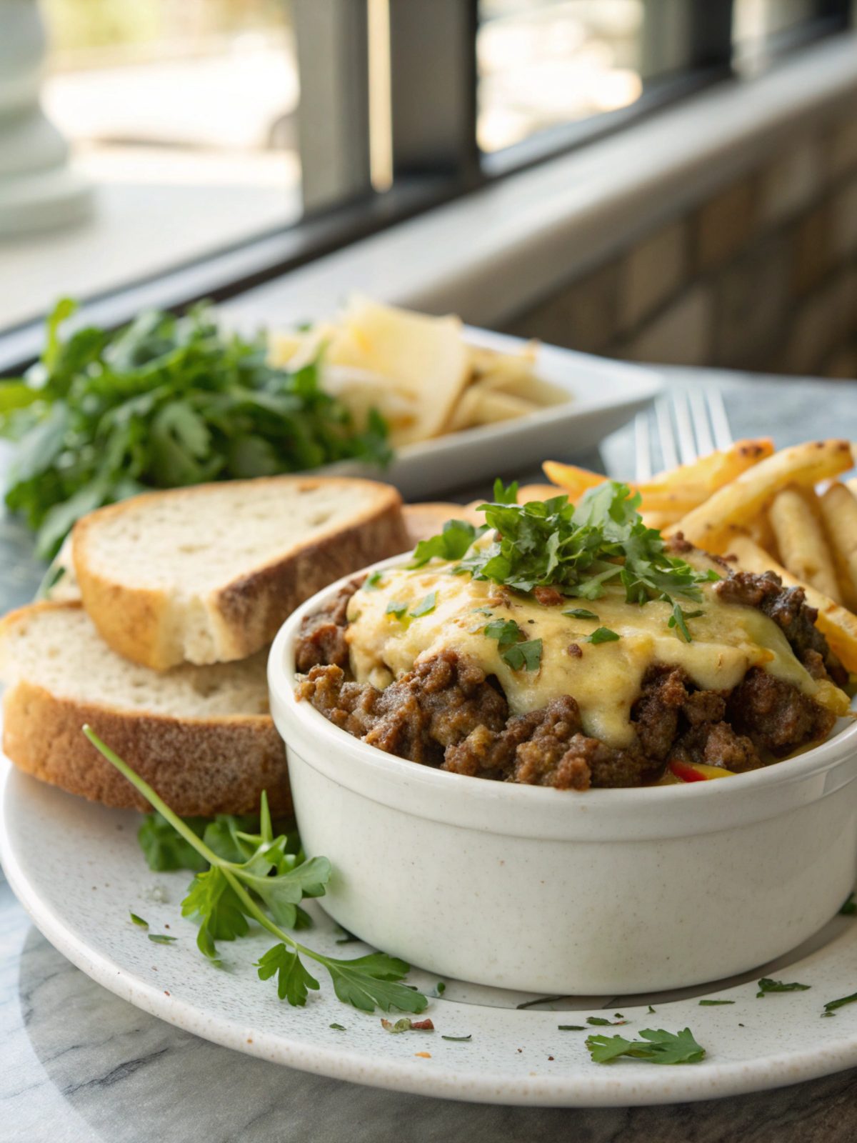 A beautifully plated cheesy ground beef melt, ready to eat