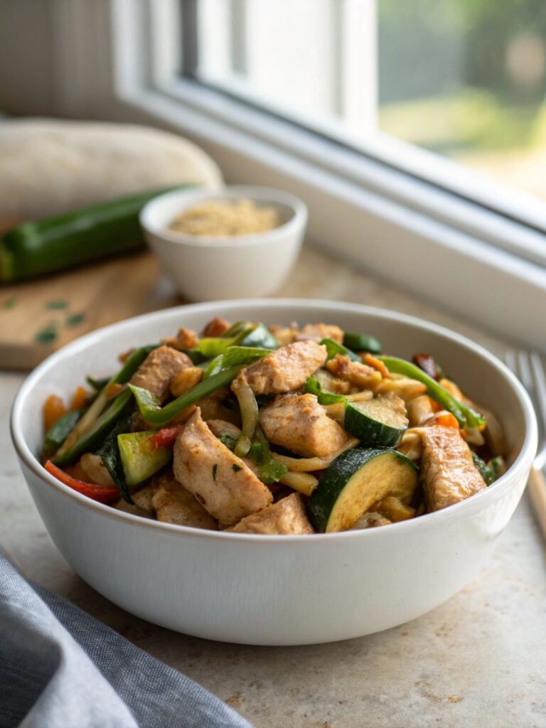 A vibrant and succulent chicken zucchini stir fry served in a bowl