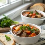 Heartwarming crock pot beef stew served in a bowl with garnish.