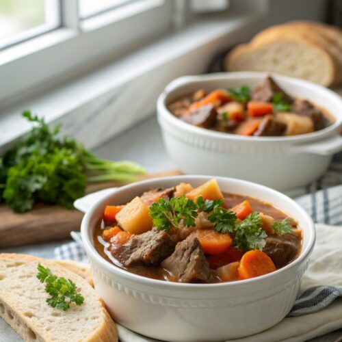 Heartwarming crock pot beef stew served in a bowl with garnish.