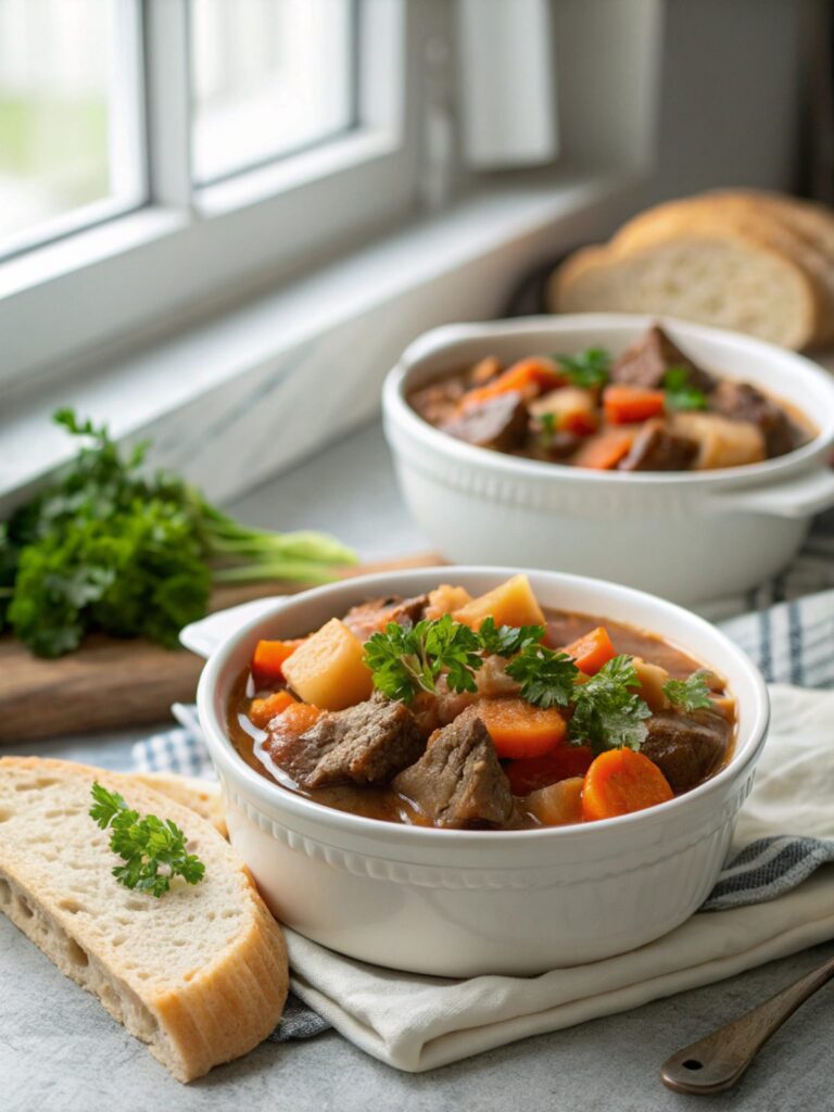 Heartwarming crock pot beef stew served in a bowl with garnish.