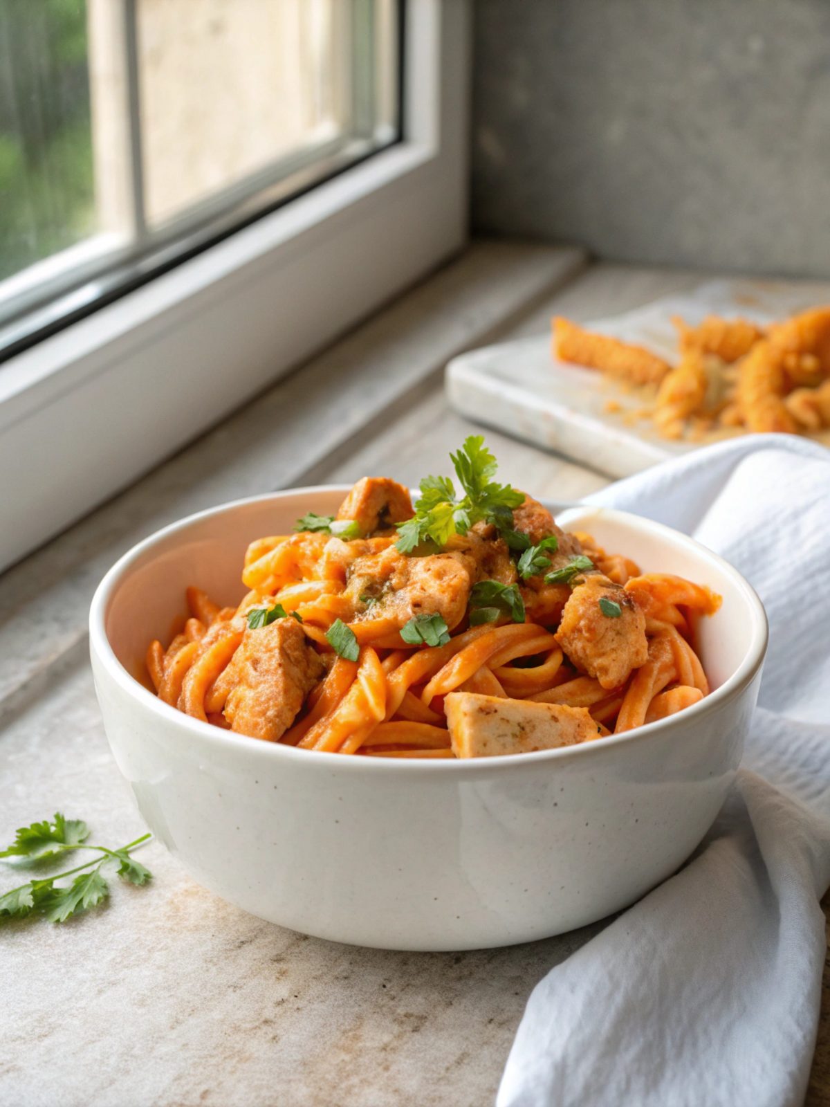 Beautifully presented cowboy butter chicken pasta served ready to enjoy.