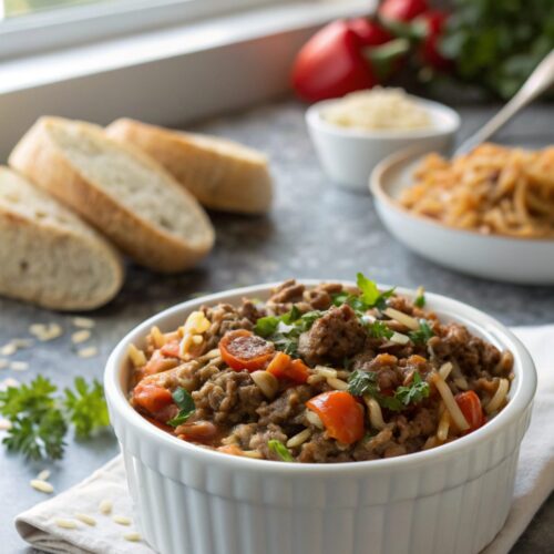 Appetizing image of Ground Beef Orzo Recipe, served in a pristine platter.