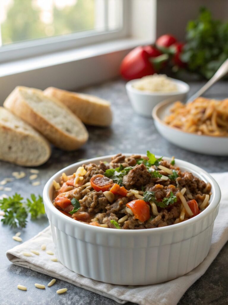 Appetizing image of Ground Beef Orzo Recipe, served in a pristine platter.