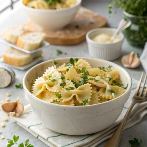 A delicious Garlic Butter Bowtie Pasta dish served in a white bowl, garnished with parsley.
