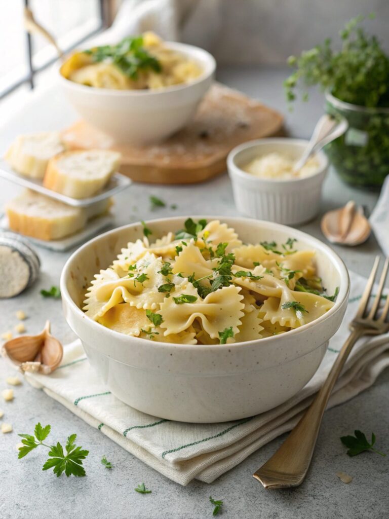 A delicious Garlic Butter Bowtie Pasta dish served in a white bowl, garnished with parsley.