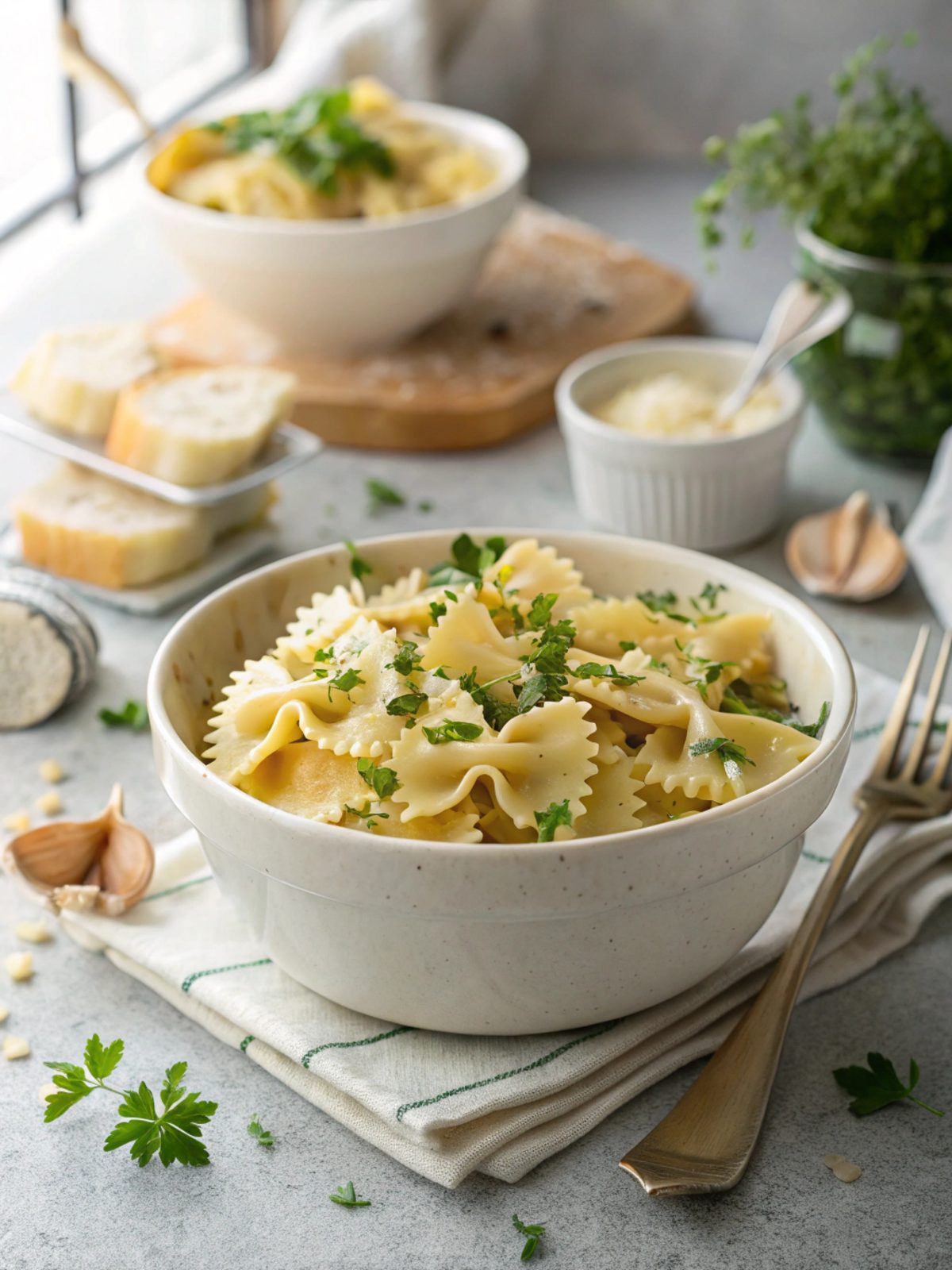 A delicious Garlic Butter Bowtie Pasta dish served in a white bowl, garnished with parsley.