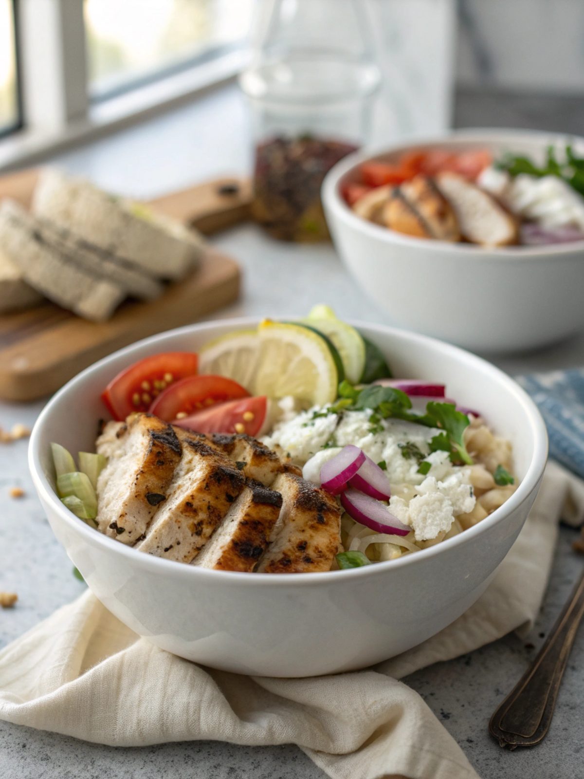 A beautiful display of Greek Chicken Bowls with vibrant colors