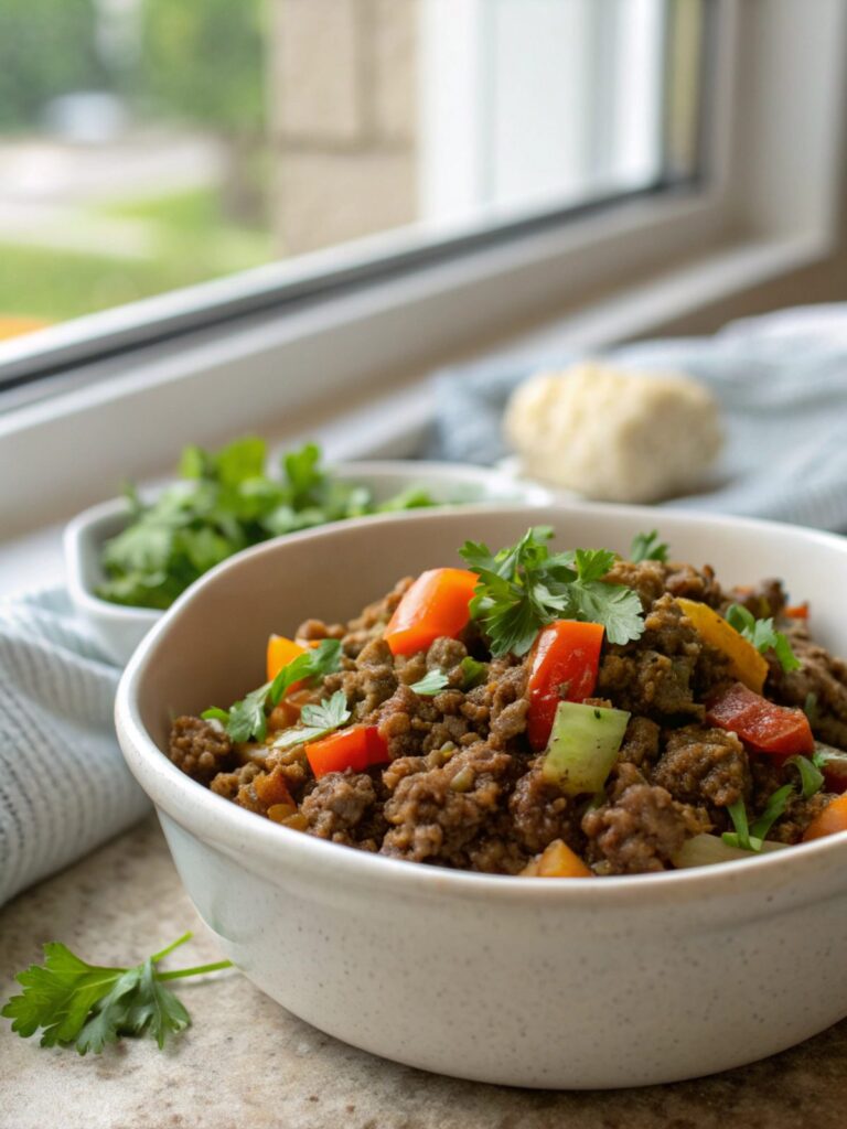 A delightful and appetizing image of a hearty ground beef dinner.