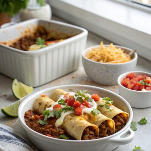 Featured image of perfectly baked ground beef enchiladas.
