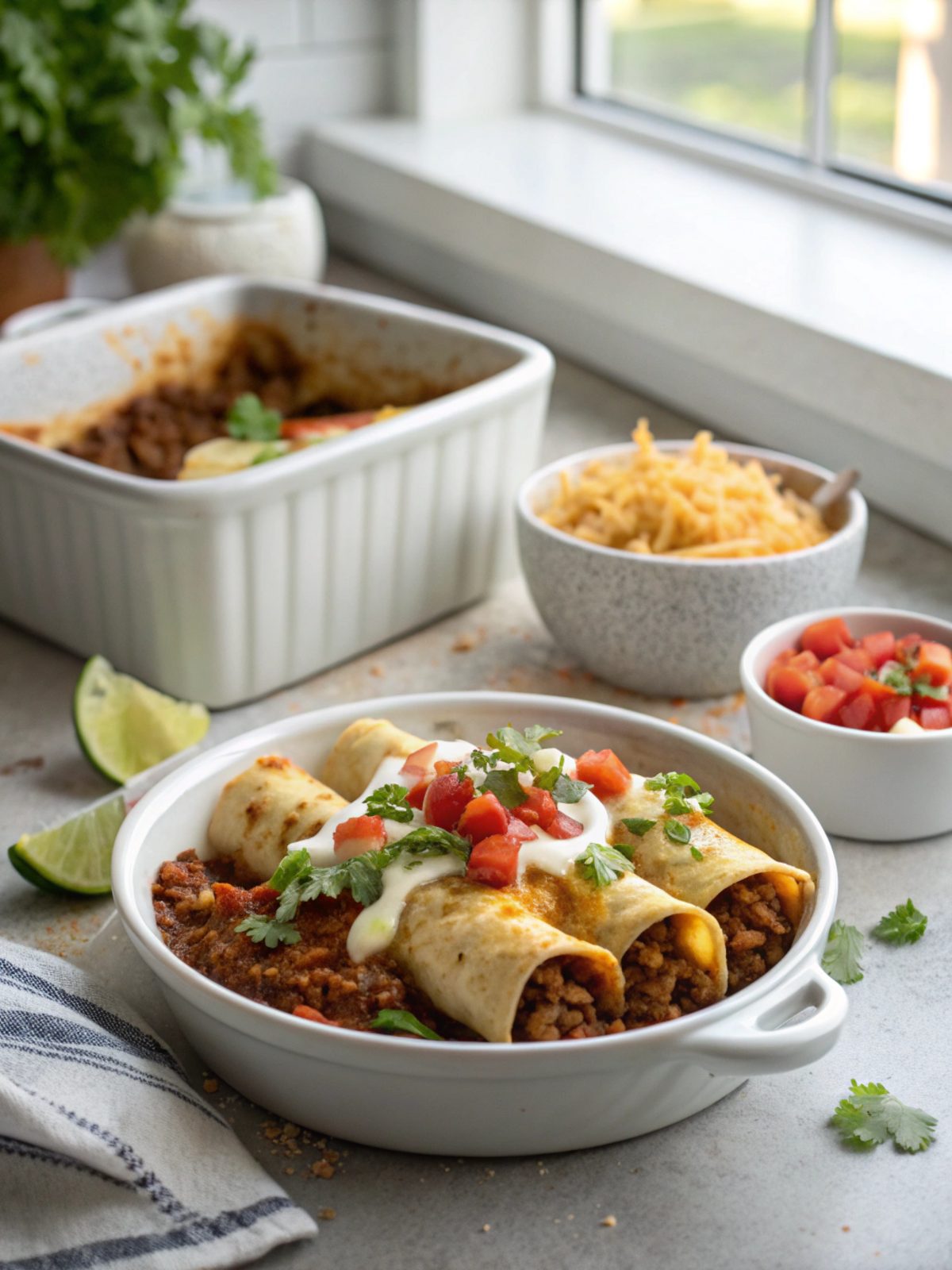 Featured image of perfectly baked ground beef enchiladas.
