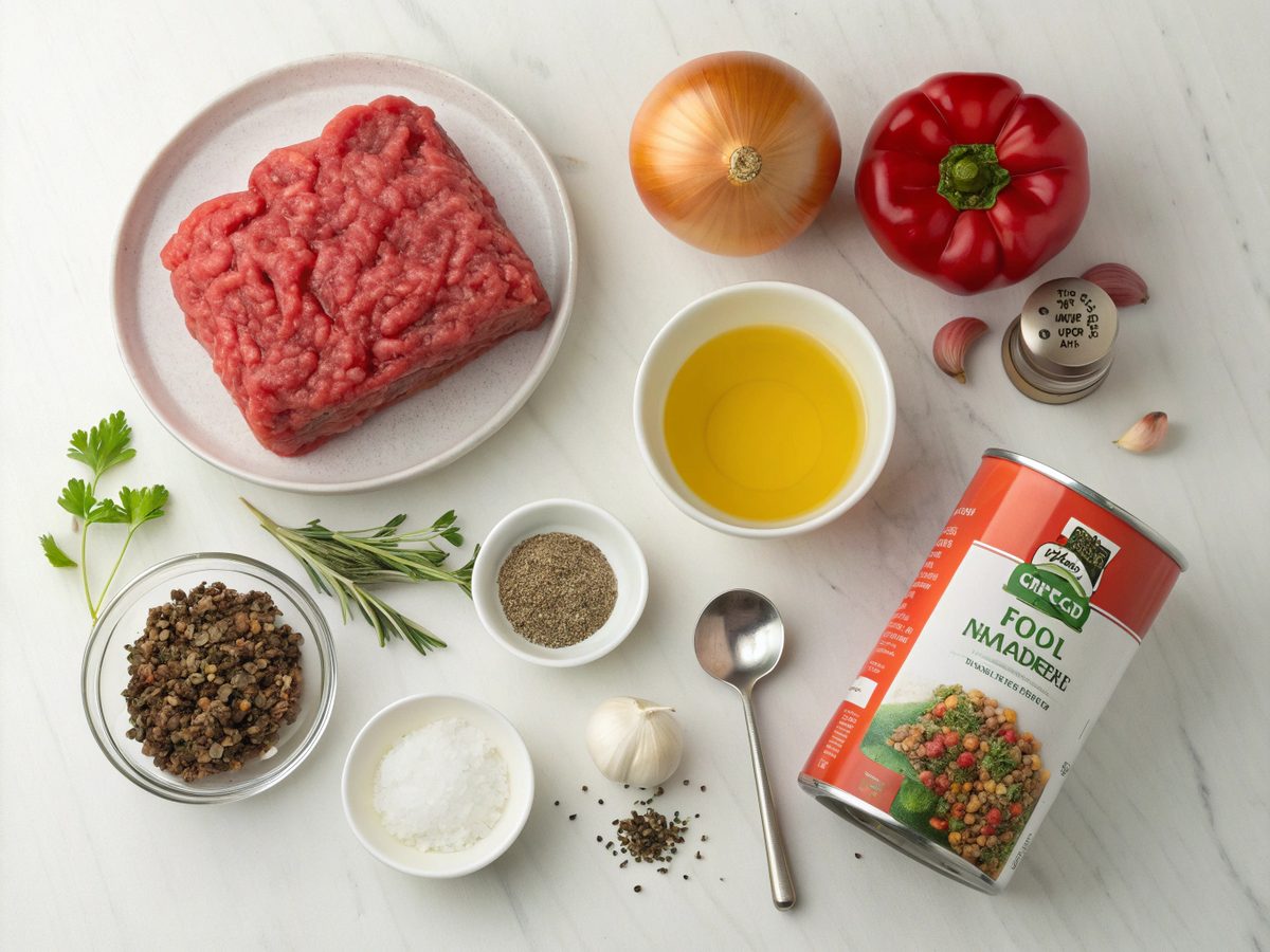 An array of fresh ingredients for a ground beef meal including beef, vegetables, and spices.