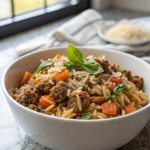 SEO-friendly alt text describing the featured image, including the ground beef orzo recipe