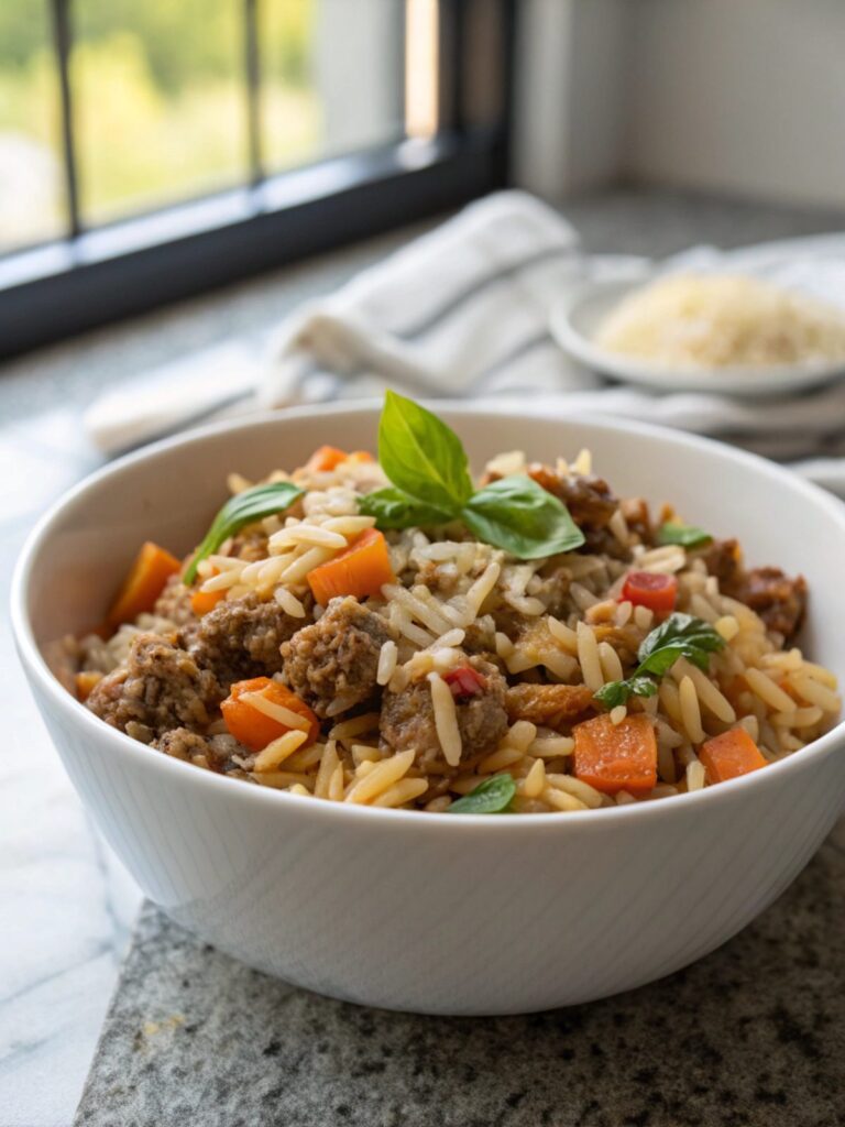 SEO-friendly alt text describing the featured image, including the ground beef orzo recipe