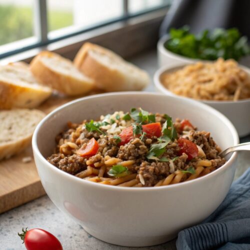 Ground Beef Orzo Recipe served in a white bowl, garnished fresh