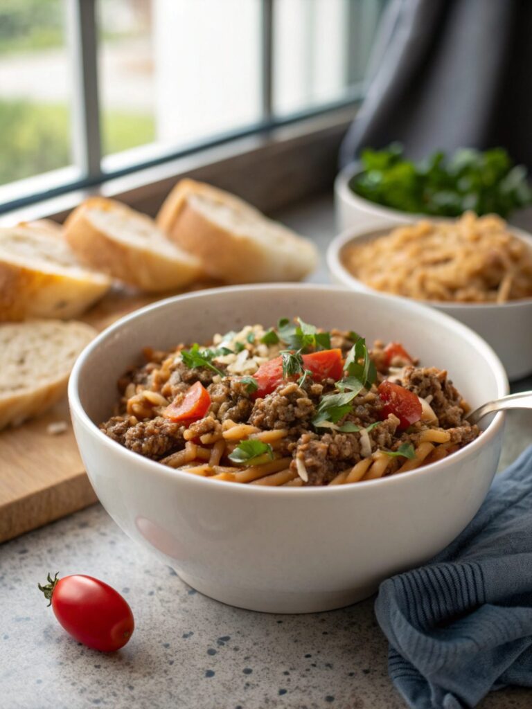 Ground Beef Orzo Recipe served in a white bowl, garnished fresh