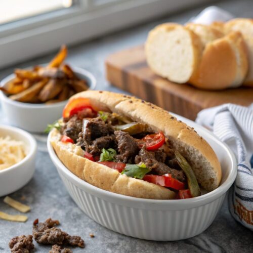 Ground Beef Philly Cheesesteak served deliciously on a plate
